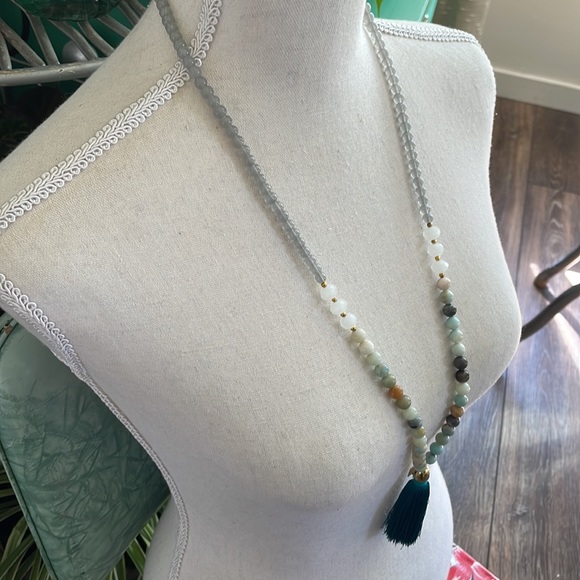 Gemstone and teal tassel statement necklace - Picture 3 of 5